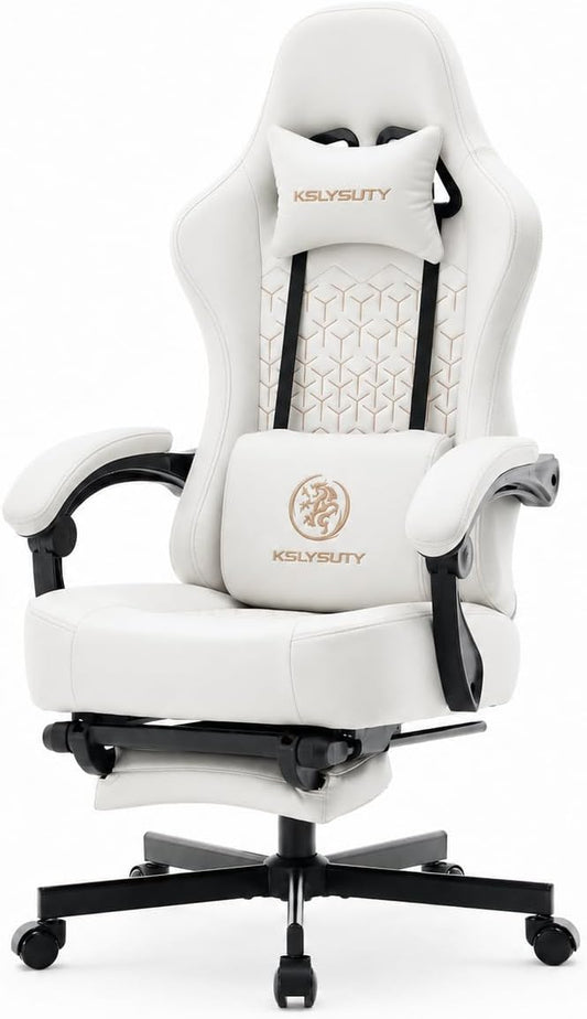Office Desk Computer Gaming Chair for Adults, Ergonomic High Back Gamer Chair with Massage and Pocket Spring Cushion, Swivel Comfy Video Game Chairs with Footrest and Lumbar Supporrt (Pro White)