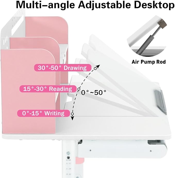 COSVALVE 39in Wide Adjustable Height Kids Desk with Tilting Desktop, Steel Frame, Drawer, and Bookshelf Hutch, Study Child Table for Ages 3-12, Pink