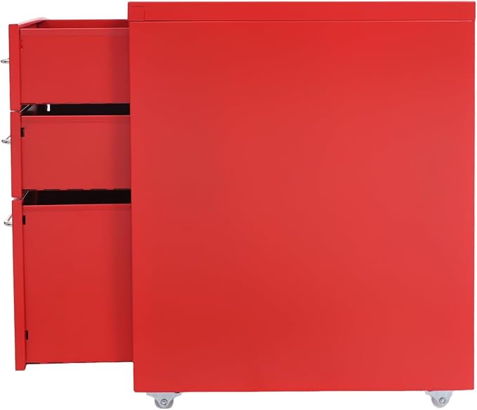 3-Drawer Mobile File Cabinet, Metal Filing Storage Cabinet with Wheels Small Nightstand Under Desk Organizer for Home Office (Red)