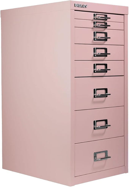 Bisley 8-Drawer Steel MultiDrawer Cabinet - Palest Pink | Chrome Pull Handles with Label Holders, Powder-Coated Steel, Removable Drawers, Fits Under Most Desks, Labels Included