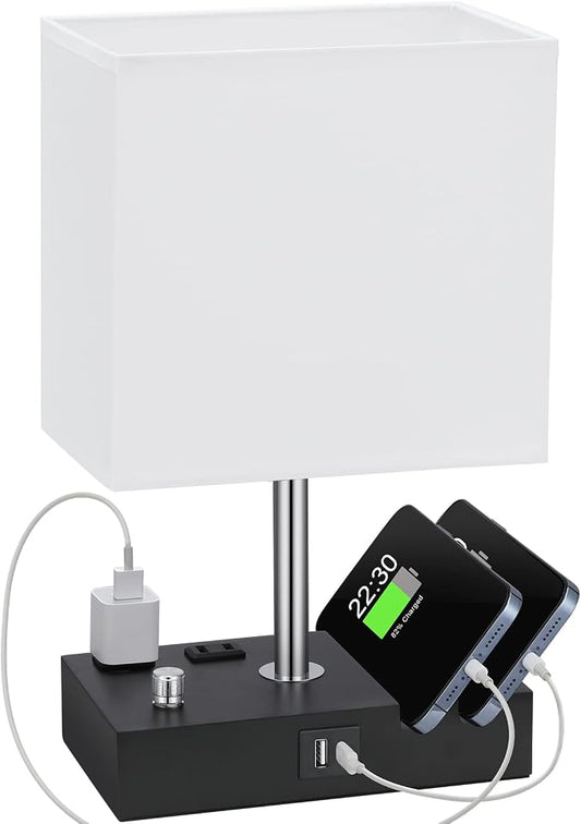 Kakanuo Table Lamp for Bedroom with Dual USB Ports, White Fully Dimmable Bedside Lamp with Phone Stands and 2 Charging Outlets, Desk Lamp for Nightstand and Living Room, LED Bulb Included