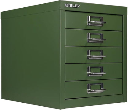Bisley 5-Drawer Steel MultiDrawer Cabinet - Olive Green | Chrome Pull Handles with Label Holders, Powder-Coated Steel, Removable Drawers, Desktop Storage, Labels Included