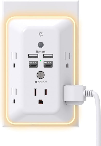 Addtam Surge Protector Outlet Extender, Plug Extension Outlet with Night Light, 5-Outlet Splitter and 4 USB Ports(2 USB C), Multi Plug Wall Outlet for Home Office Dorm Room Essentials