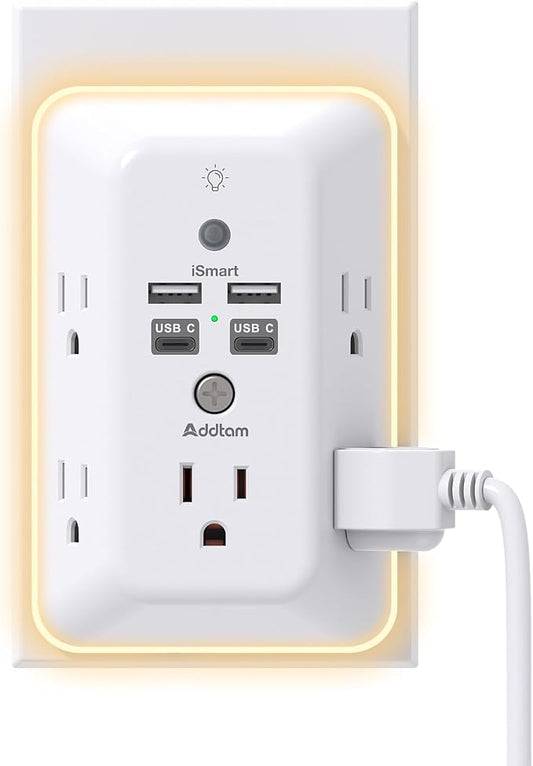 Addtam Surge Protector Outlet Extender, Plug Extension Outlet with Night Light, 5-Outlet Splitter and 4 USB Ports(2 USB C), Multi Plug Wall Outlet for Home Office Dorm Room Essentials