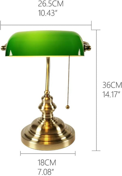 FIRVRE Green Bankers lamp, Antique Desk Lamps with Brass Base, Library Lamp with Pull Chain, Retro Desk Lamp for Home Office, Study Room, LED Bulb Included