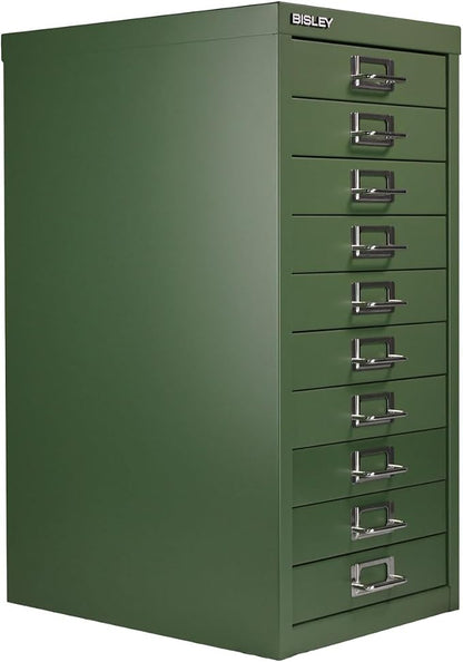 Bisley 10-Drawer Steel MultiDrawer Cabinet - Olive Green | Chrome Pull Handles with Label Holders, Powder-Coated Steel, Removable Drawers, Fits Under Most Desks, Labels Included