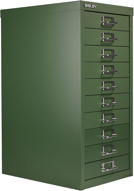 Bisley 10-Drawer Steel MultiDrawer Cabinet - Olive Green | Chrome Pull Handles with Label Holders, Powder-Coated Steel, Removable Drawers, Fits Under Most Desks, Labels Included