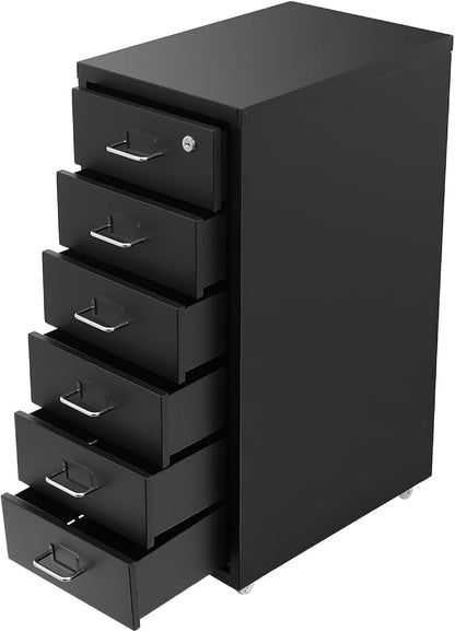 6 Drawer Vertical File Cabinet with Lock, Metal Movable Office Storage Cabinet, Under-Desk File Cabinet with Wheels, for Home Office Use (Black)