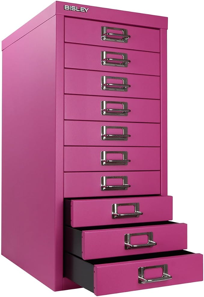 Bisley 10-Drawer Steel MultiDrawer Cabinet - Fuchsia | Chrome Pull Handles with Label Holders, Powder-Coated Steel, Removable Drawers, Fits Under Most Desks, Labels Included