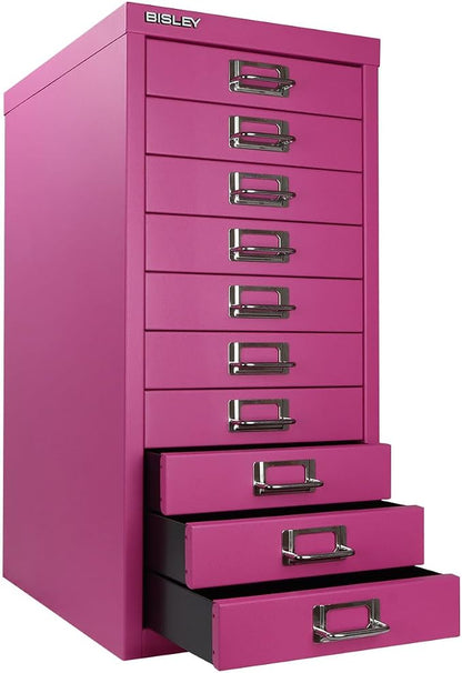 Bisley 10-Drawer Steel MultiDrawer Cabinet - Fuchsia | Chrome Pull Handles with Label Holders, Powder-Coated Steel, Removable Drawers, Fits Under Most Desks, Labels Included