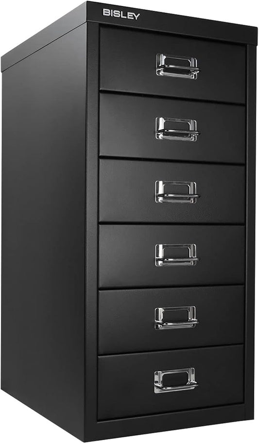 Bisley 6-Drawer Steel MultiDrawer Cabinet - Black | Chrome Pull Handles with Label Holders, Powder-Coated Steel, Removable Drawers, Fits Under Most Desks, Labels Included