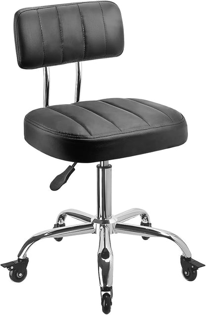 JOSTZHXIN Office Desk Chair with Wheels, Rolling Stool with Backrest Height Adjustable, Swivel Stool with Low Back Lumbar Support, Square PU Leather Swivel Chair with Back (3.2-in PU Wheel)