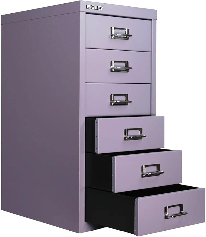 Bisley 6-Drawer Steel MultiDrawer Cabinet - Lilac | Chrome Pull Handles with Label Holders, Powder-Coated Steel, Removable Drawers, Fits Under Most Desks, Labels Included