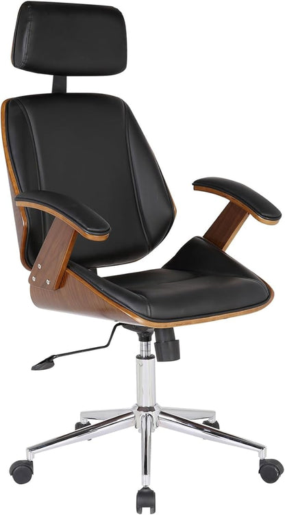 Armen Living Century Office Chair in Black Faux Leather and Walnut Wood, Chrome Finish
