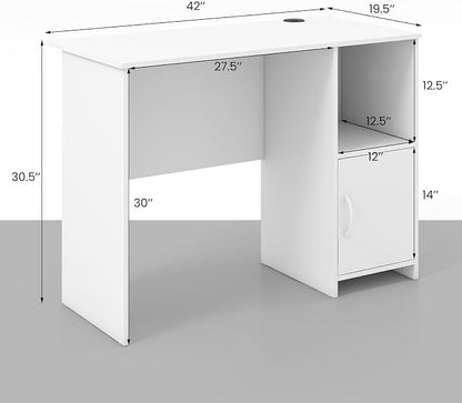 COSTWAY 42” White Home Office Desk, Modern Computer Workstation with Open Compartment & Cabinet, Compact Writing Desk with Cable Holes for Bedroom, Study Room, Dorm
