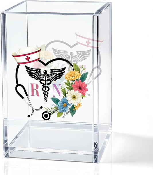 RN Acrylic Pencil Holder Cup, Floral Stethoscope Pen Holder for Women Nurse, Appreciation Thank You Gifts for Registered Nurse CAN MA, Nurse Week Decor RN Gifts, Nurse Day Present