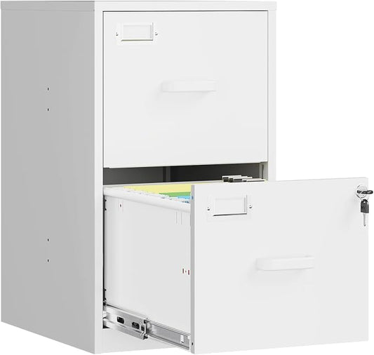 2 Drawer File Cabinet with Lock, Metal Filing Cabinets for Home Office, Vertical White Small Caninet for Home Office, Steel Narrow Two Drawer File Cabnet for Letter/File Box- Assembly Required