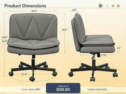 DurayLoly Criss Cross Chair with Wheels, Cross Legged Office Chair with 2 Layer Comfty Leather & Back, Armless Wide Vanity Chair for Home Office, Grey