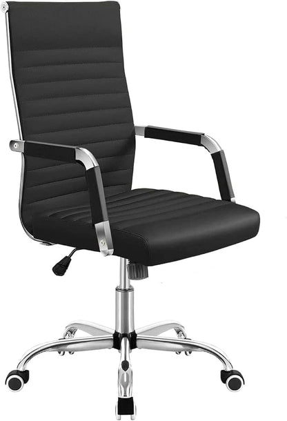 Shahoo Ribbed Office Chair, Mid-Back PU Leather Office Chair Executive Task Chair with 360° Swivel Wheels for Conference Room, Home Offices (Black)