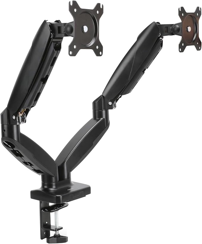Amazon Basics Gas Spring Dual Monitor Arm Desk Mount, Adjustable Tension, Fits 15–27 Inch Monitors, Supports 4.4–15.4 lbs Each Arm, VESA 75x75/100x100, Black