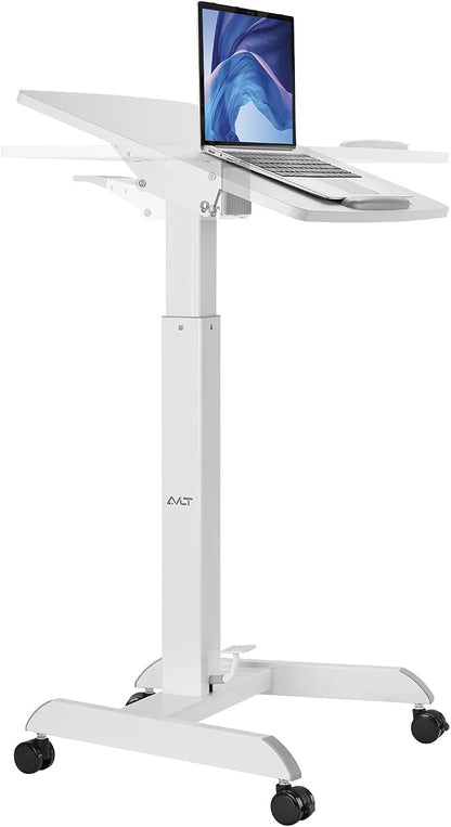 AVLT 47" Height Adjustable Mobile Workstation with Tilting Desk - White | 3 ft 11 inches - Foot Pedal Pneumatic Standing Desk Cart - Mobile Laptop Cart - Mobile Cart with Brake Casters