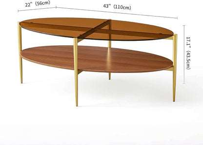 LumFurn Oval Glass Coffee Table, Mid-Century Modern Design, L43 x W22 x H17 inch, 2-Tier Structure, Olive Shaped Amber Glass Top and Walnut Finish Wood Shelf, Tapered Legs with Gold Finish Frame