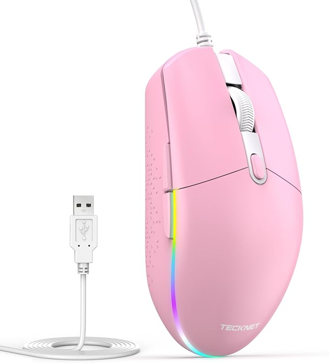 TECKNET Wired Mouse - USB Corded Mouse with RGB Backlit Full Size Optical Silent Mouse with Side Buttons,LED Plug and Play Wired Connection Office Mice for Desktop,PC,Laptop