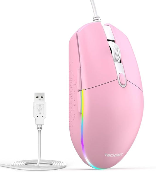 TECKNET Wired Mouse - USB Corded Mouse with RGB Backlit Full Size Optical Silent Mouse with Side Buttons,LED Plug and Play Wired Connection Office Mice for Desktop,PC,Laptop