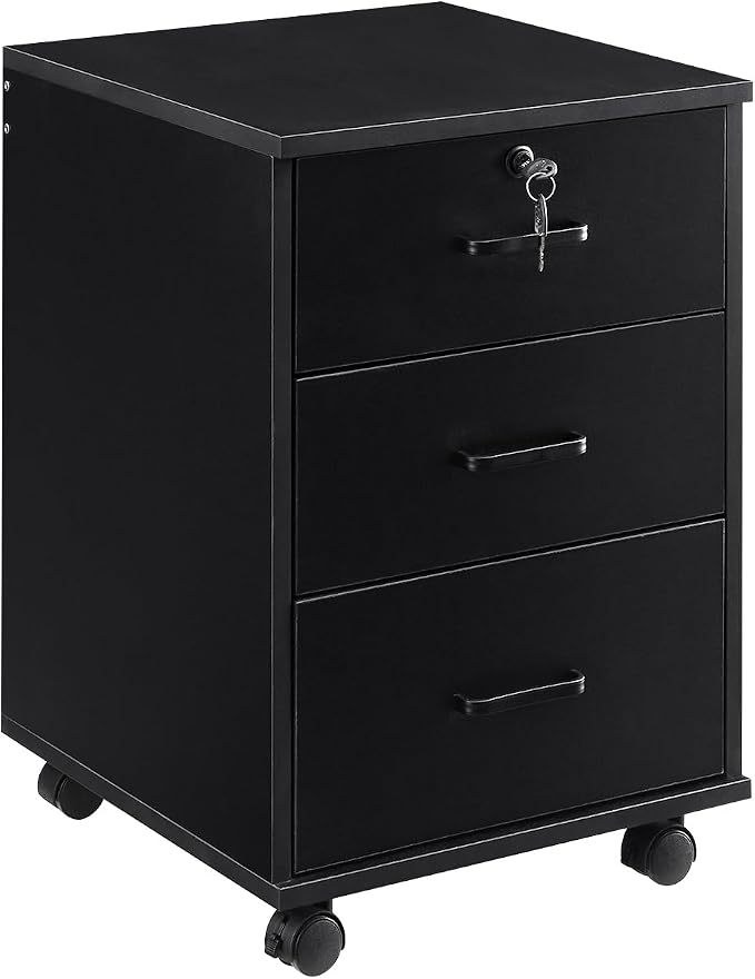 OFCASA 3 Drawer File Cabinet with Lock, Small Rolling Filing Cabinets for Home Office, Wooden Under Desk File Cabinet with Wheels, Mobile Storage Cabinet Printer Stand, for Letter/Legal/A4 Size, Black