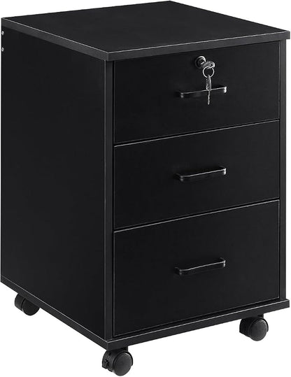 OFCASA 3 Drawer File Cabinet with Lock, Small Rolling Filing Cabinets for Home Office, Wooden Under Desk File Cabinet with Wheels, Mobile Storage Cabinet Printer Stand, for Letter/Legal/A4 Size, Black