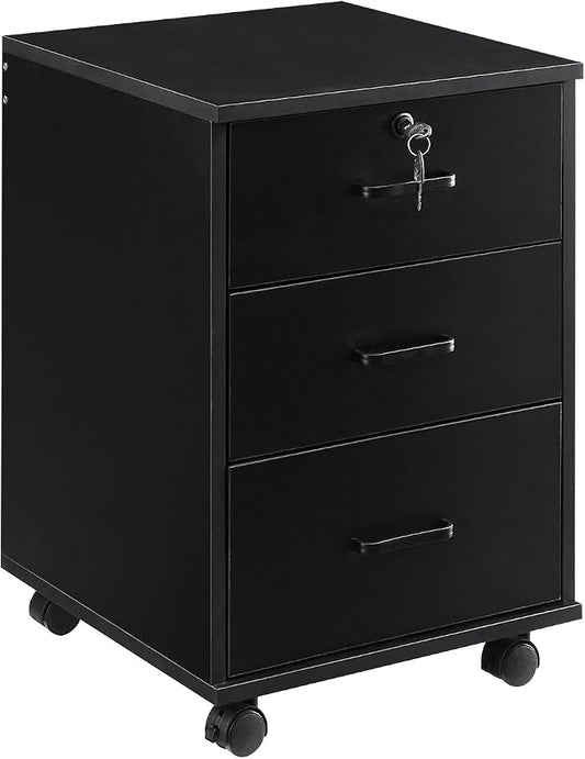 OFCASA 3 Drawer File Cabinet with Lock, Small Rolling Filing Cabinets for Home Office, Wooden Under Desk File Cabinet with Wheels, Mobile Storage Cabinet Printer Stand, for Letter/Legal/A4 Size, Black