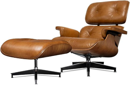Mid Century Chaise Lounge Chair with Ottoman, Luxury Oil-Waxed Leather Reading Chair, Modern Chair Classic Design, Heavy Duty Base Support for Living Room Study Lounge Office Walnut Light Brown