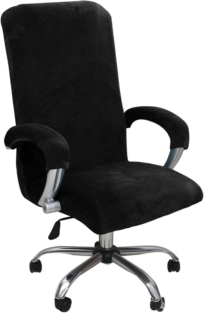 Velvet Plush Office Chair Cover with Armrests, Universal XL, Black | Stretch Elastic Fit, Desk Computer Chairs, Pet and Children Friendly, Washable