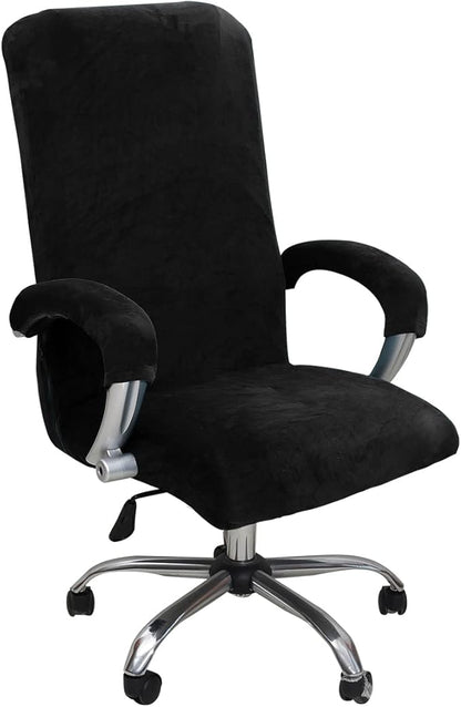 Velvet Plush Office Chair Cover with Armrests, Universal XL, Black | Stretch Elastic Fit, Desk Computer Chairs, Pet and Children Friendly, Washable