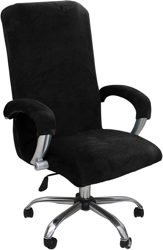 Velvet Plush Office Chair Cover with Armrests, Universal XL, Black | Stretch Elastic Fit, Desk Computer Chairs, Pet and Children Friendly, Washable