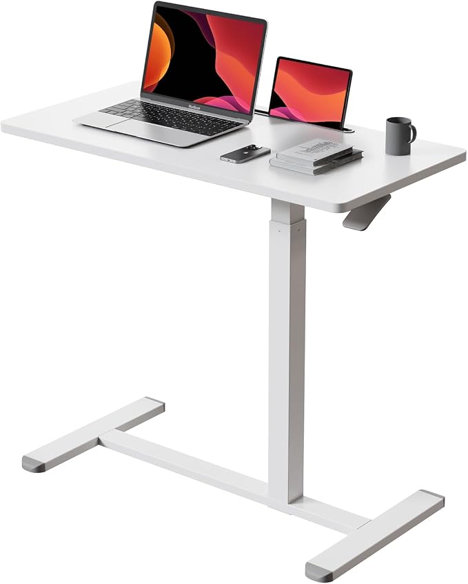 Gibbon Mounts Mobile Standing Desk, 32Inch Pneumatic Adjustable Rolling Desk, Portable Laptop Desk with Wheels, Overbed Bedside Table Laptop Table for Couch, Home, Office, White