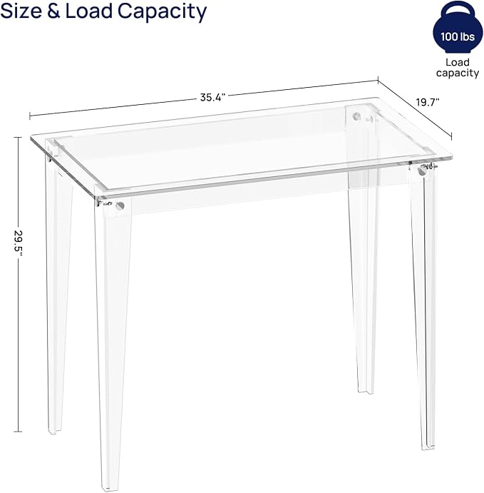 HMYHUM Acrylic Computer Desk, Modern Study Desk for Home, Office, Writing, Vanity, Easy Assembly Right-Angle Legs Design, Clear, 35.4" L x 19.7" W x 29.5" H