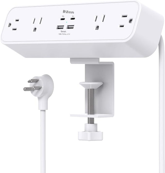 65W USB C Desk Clamp Power Strip, 8-in-1 Desktop Mount Surge Protector with 4 AC Outlets 2 USB-C & 2 USB-A Ports, PD 65W Fast Charging Station, 5Ft Extension Cord, Desk Edge Mount for Home Office