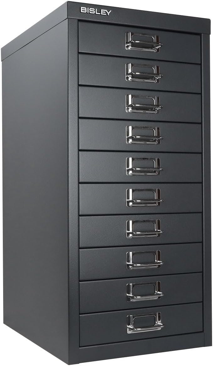 Bisley 10-Drawer Steel MultiDrawer Cabinet - Anthracite Grey | Chrome Pull Handles with Label Holders, Powder-Coated Steel, Removable Drawers, Fits Under Most Desks, Labels Included