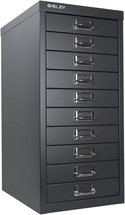 Bisley 10-Drawer Steel MultiDrawer Cabinet - Anthracite Grey | Chrome Pull Handles with Label Holders, Powder-Coated Steel, Removable Drawers, Fits Under Most Desks, Labels Included