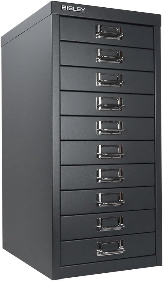 Bisley 10-Drawer Steel MultiDrawer Cabinet - Anthracite Grey | Chrome Pull Handles with Label Holders, Powder-Coated Steel, Removable Drawers, Fits Under Most Desks, Labels Included
