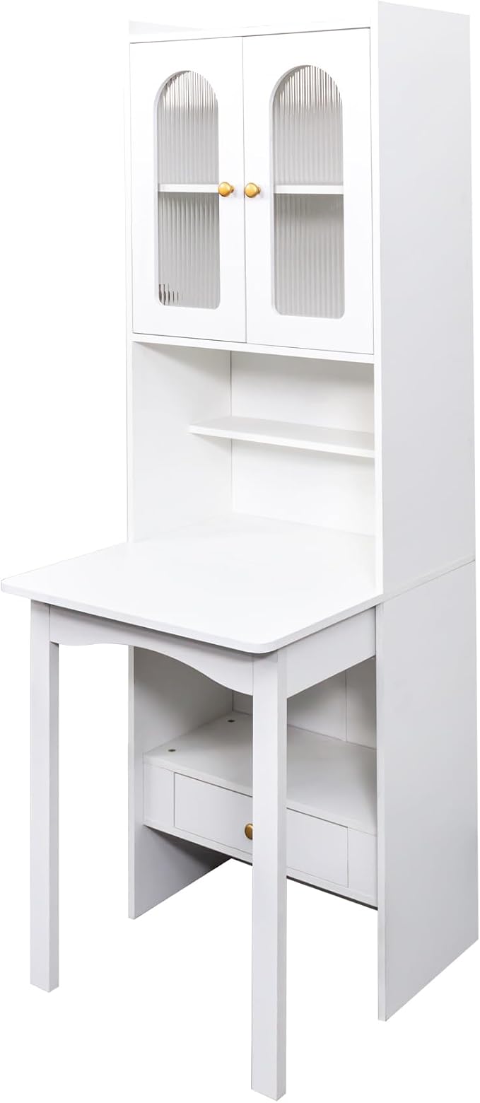 LUMISOL Fold-Out Convertible Writing Table with Glass Doors, Drawers, Bookshelf & Storage Shelves, Modern Wooden Convertible Workstation for Work, White