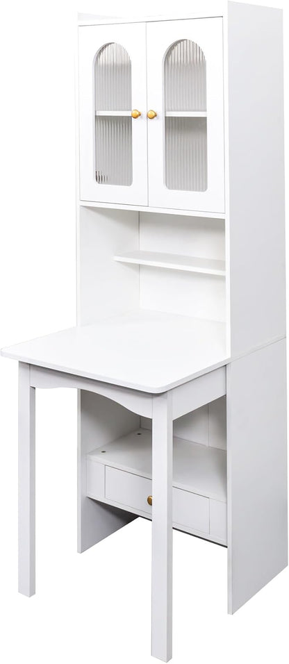 LUMISOL Fold-Out Convertible Writing Table with Glass Doors, Drawers, Bookshelf & Storage Shelves, Modern Wooden Convertible Workstation for Work, White