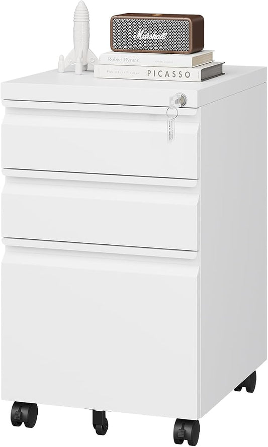 PEUKC 3 Drawer Metal Under Desk Rolling File Cabinet, Lockable, Fits Letter/Legal/A4 Size, White, Home Office