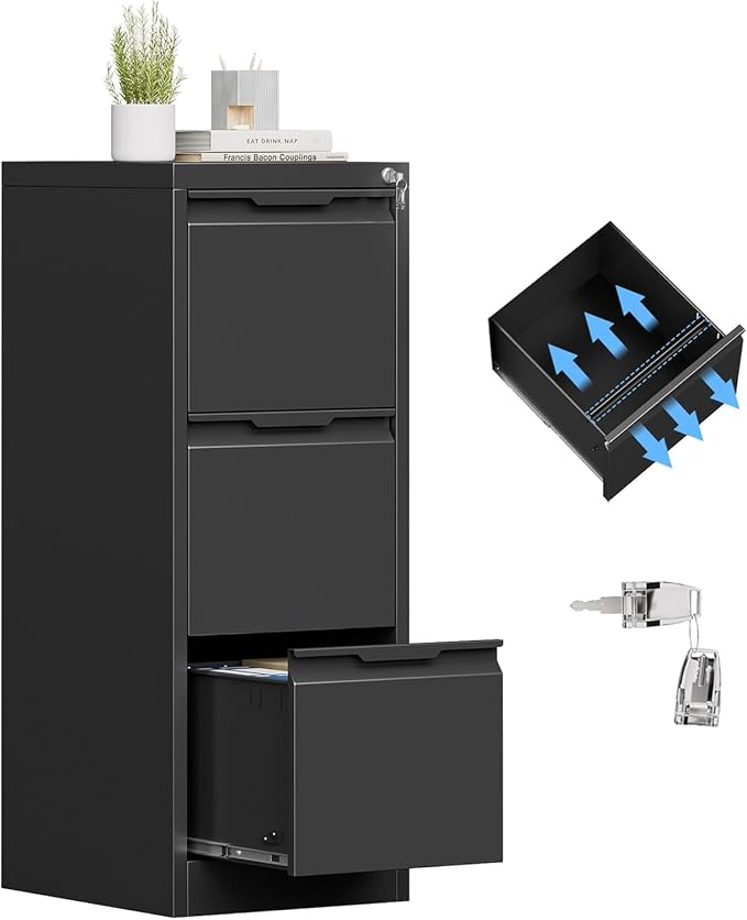 3 Drawer File Cabinet with Lock for Home Office | Small Metal Filing Cabinet, Under Desk, Vertical Organizer, Legal/Letter Size File, Easy Assembly