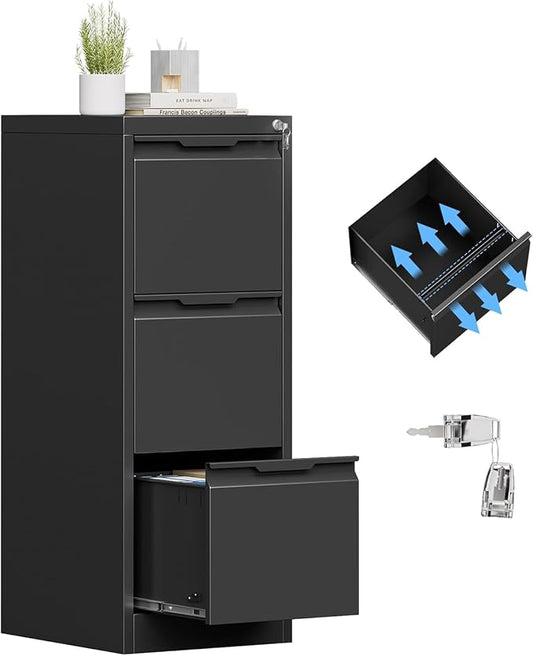 3 Drawer File Cabinet with Lock for Home Office | Small Metal Filing Cabinet, Under Desk, Vertical Organizer, Legal/Letter Size File, Easy Assembly