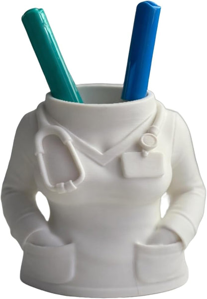 3D Printed Doctor Coat Pen Holder - Realistic Medical Desk Organizer with Stethoscope, White Doctor Sculpture Pen Cup for Office, Nurse, Medical Student Gift 4.1" x 2.5" x 3.9" (Female Doctor Style)