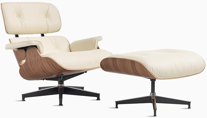 Mid Century Lounge Chair with Ottoman,Top Ivory Grain Leather Accent Chair,Chaise Lounge Chair Indoor,Modern Chair Classic Design,Heavy Duty Base Support for Living Room Office Upgraded,Walnut Ivory