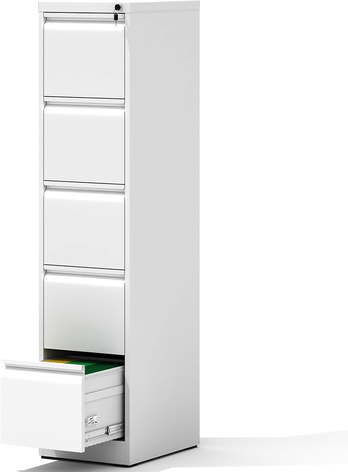 5 Drawer File Cabinet with Lock, Vertical File Cabinet with Lock, Locking File Cabinet Hanging Files for A4/ Legal/Letter, Require Assembly, White
