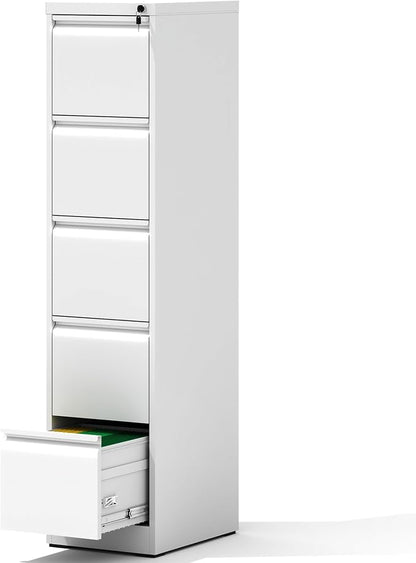 5 Drawer File Cabinet with Lock, Vertical File Cabinet with Lock, Locking File Cabinet Hanging Files for A4/ Legal/Letter, Require Assembly, White